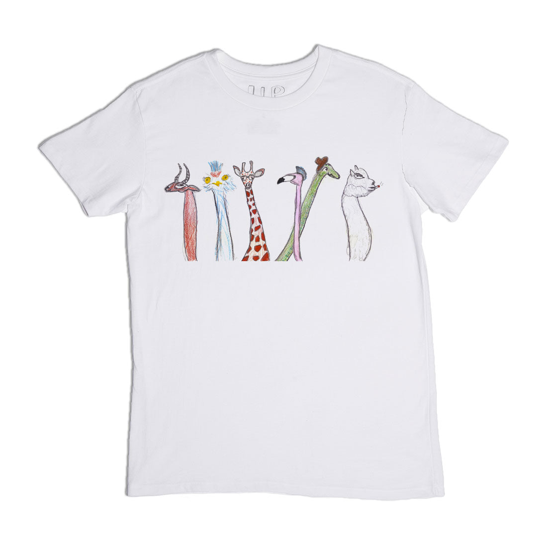 A white t-shirt featuring a colorful illustration of four animals (a bird, a giraffe, a monkey, and an arctic fox) standing in a row, each adorned with a flower or plant.