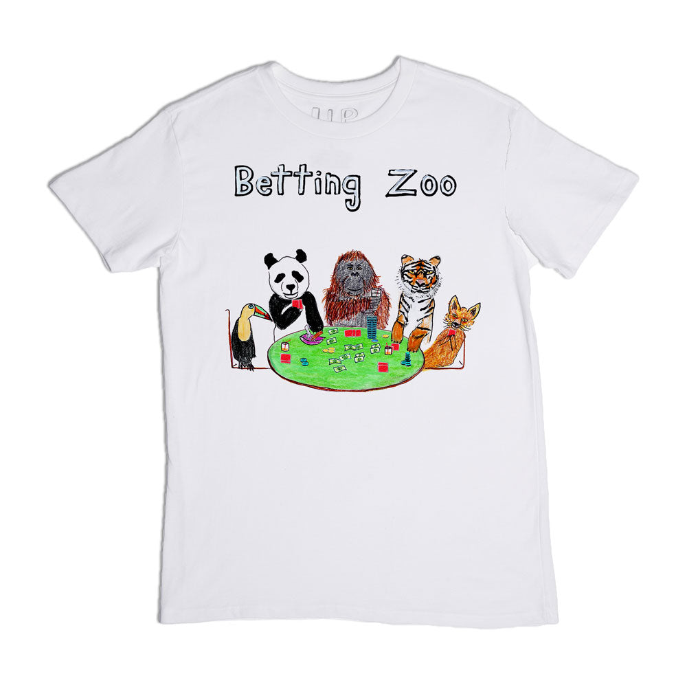 A white t-shirt with a colorful illustration of various animals, including a panda, tiger, and fox, playing poker around a table. the words "betting zoo" are printed above the image.