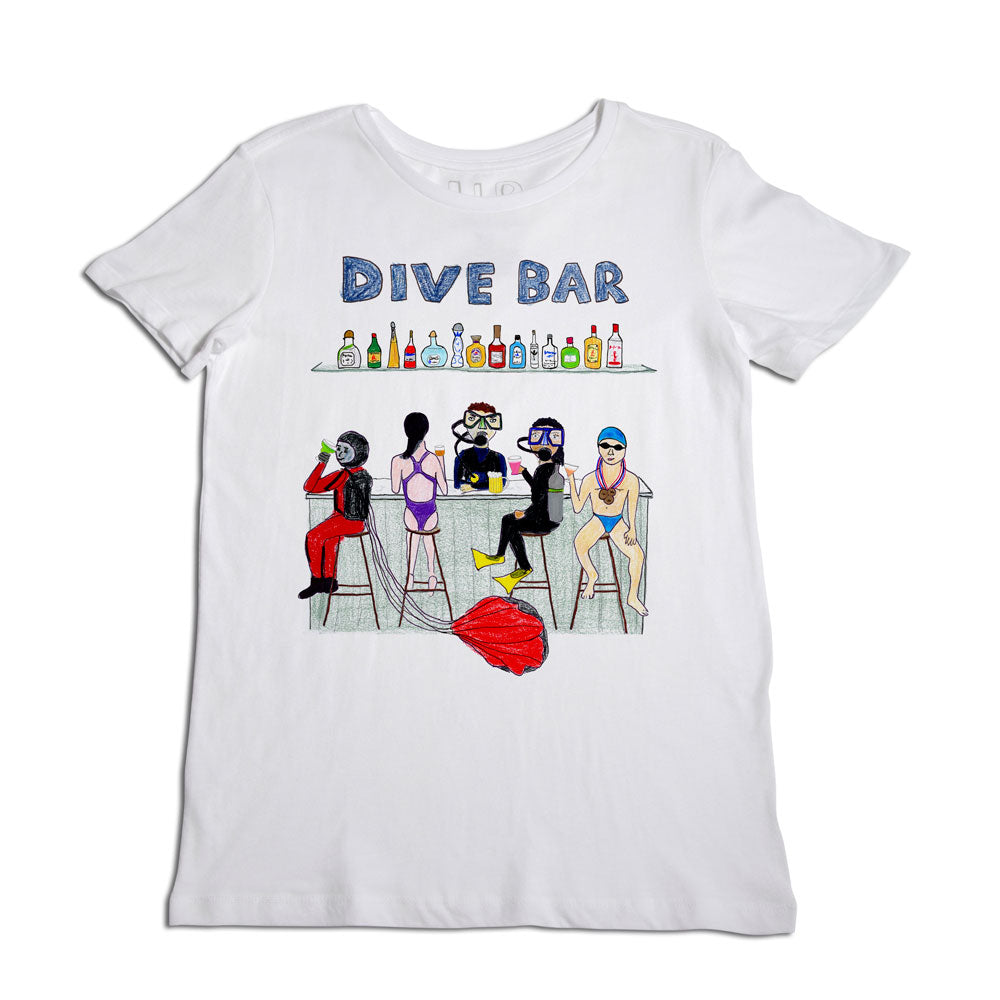 A white t-shirt featuring an embroidered illustration of a dive bar scene with five diverse characters sitting at the bar, and a variety of colorful bottles displayed above.