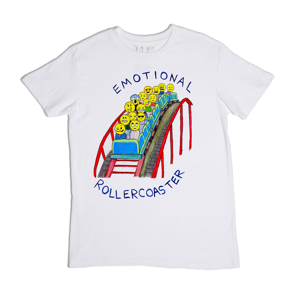 White t-shirt with a colorful design featuring emoji faces on a rollercoaster, captioned "emotional rollercoaster" below the illustration.
