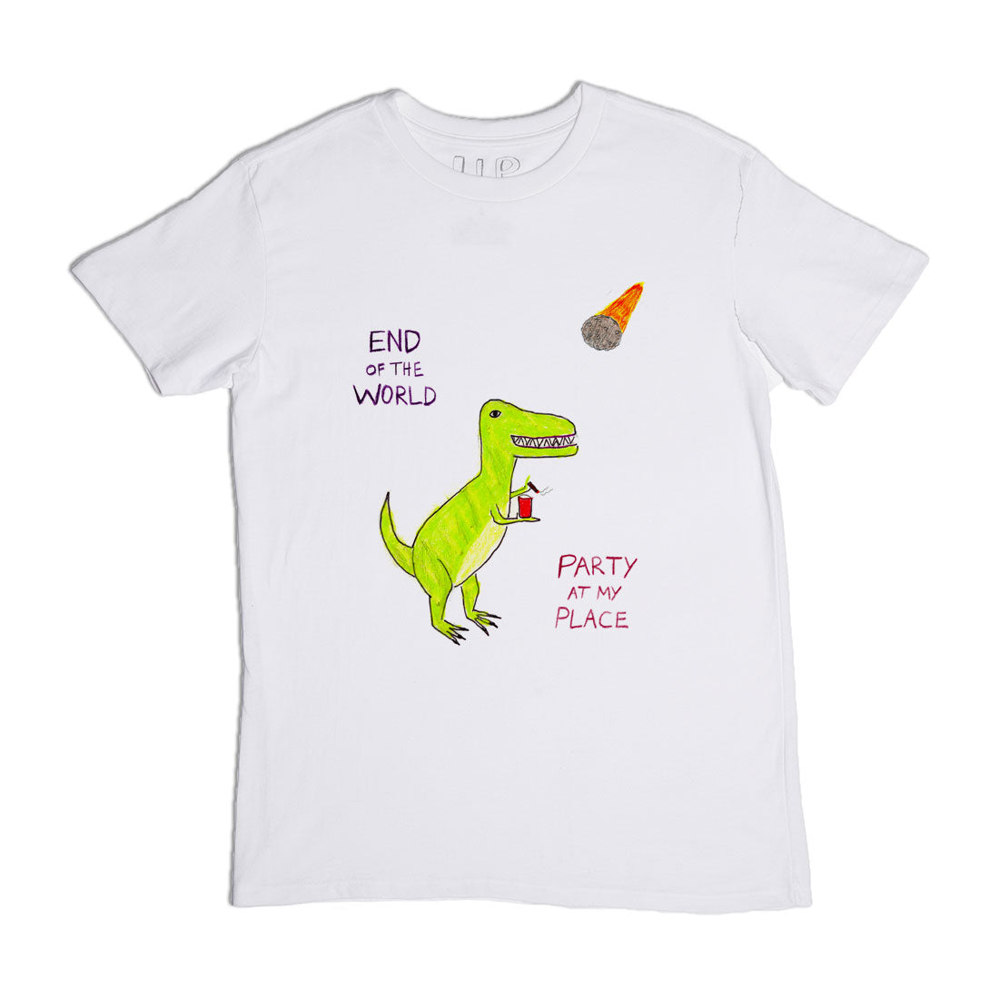 White t-shirt featuring a cartoon dinosaur holding a drink with text that reads "end of the world" and an asteroid with "party place" written on it.