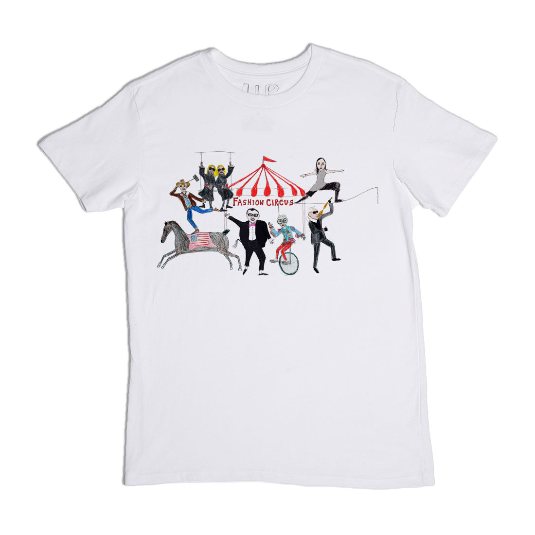 A white t-shirt featuring a colorful illustration of a fashion-themed circus with whimsically dressed characters performing various acts, such as juggling and tightrope walking, around a central circus tent.