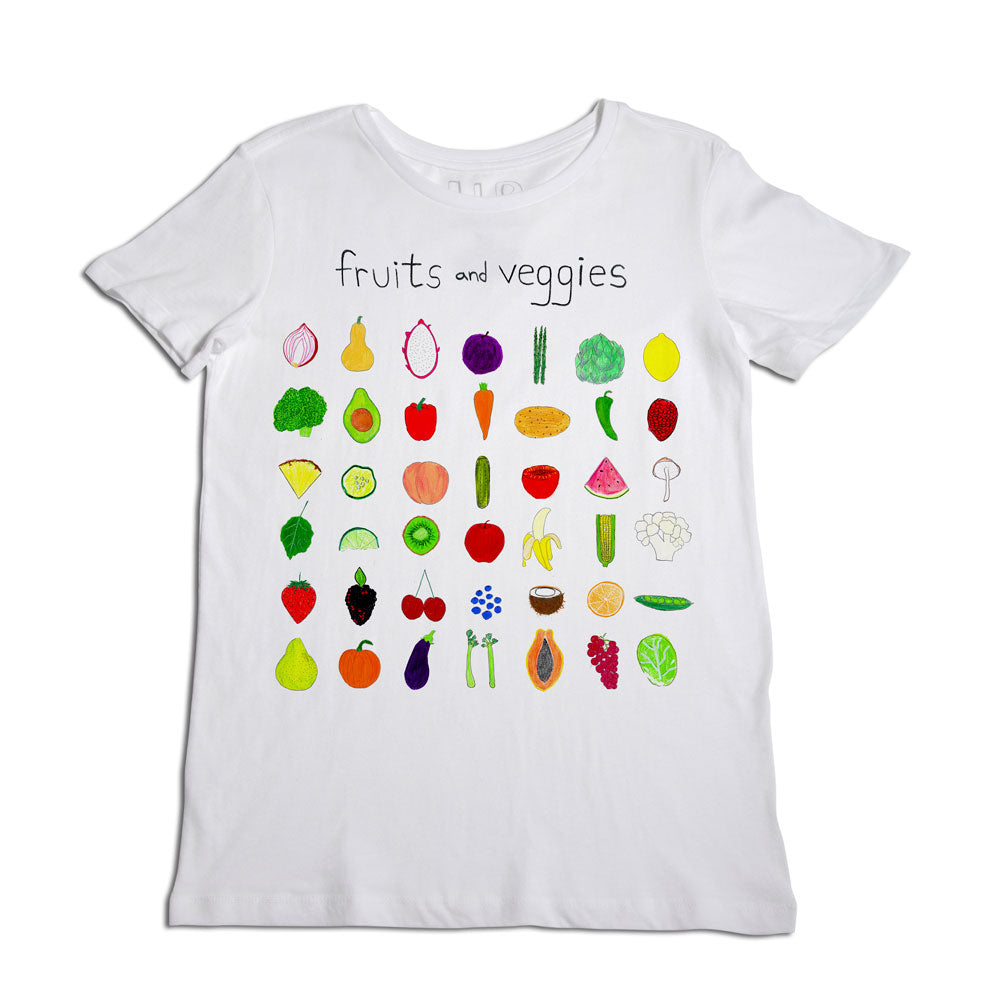 A white t-shirt laid flat with a colorful design that features various fruits and vegetables arranged in neat rows. above the images, the text reads "fruits and veggies.