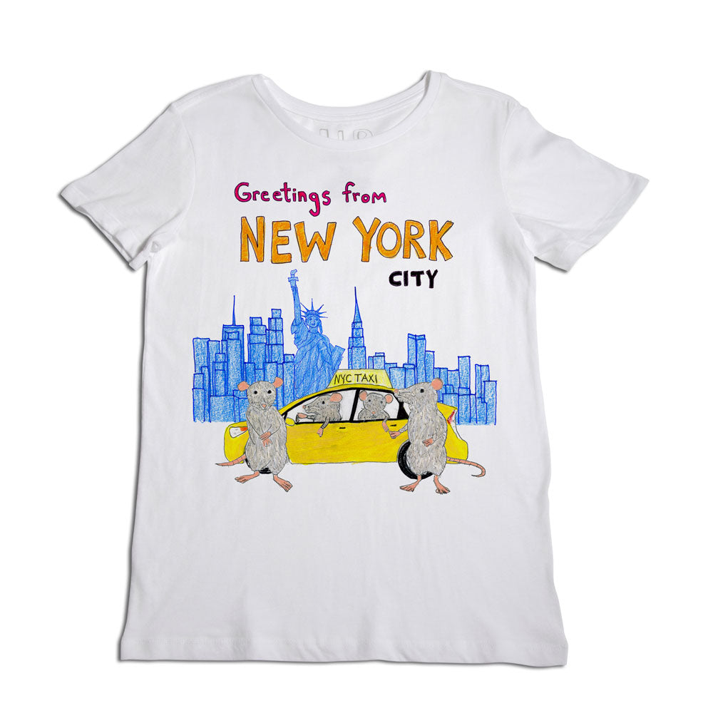 A white t-shirt design featuring a cartoon illustration with two mice posing beside an nyc taxi, under the text "greetings from new york city" and a city skyline backdrop.