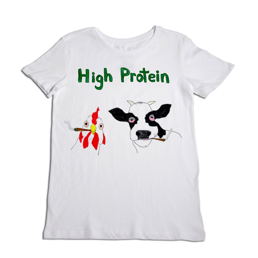 White t-shirt with the words "high protein" in green, featuring cartoonish illustrations of a chicken holding a fork and a cow wearing a bib, both looking surprised.