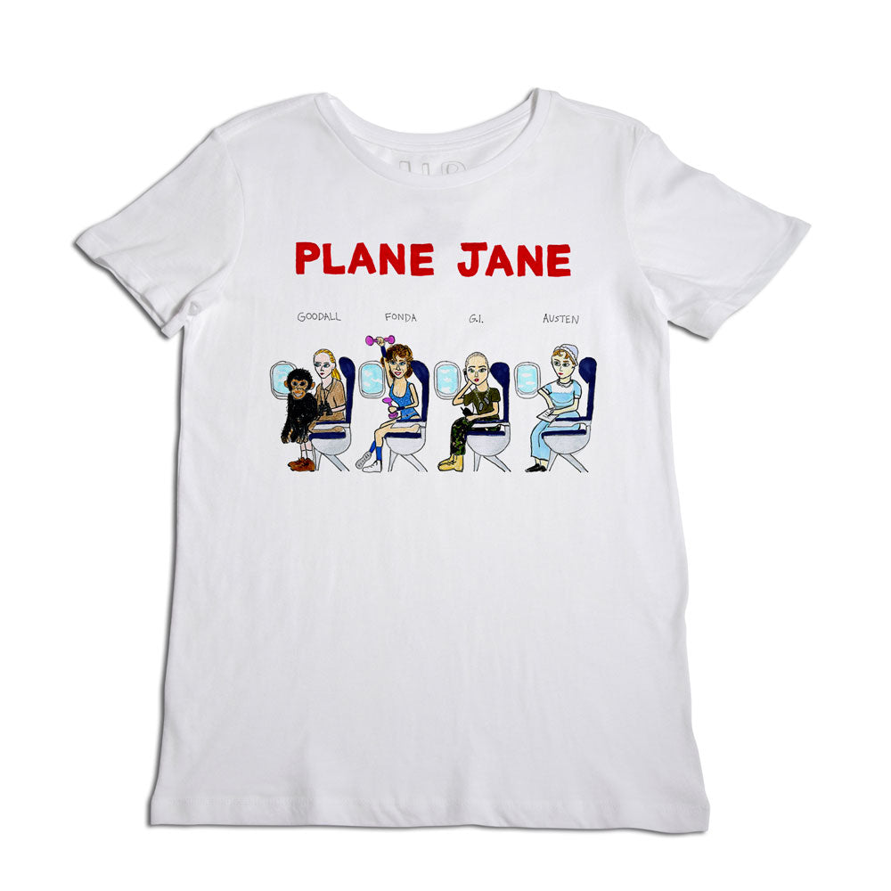 White t-shirt with the text "plane jane" at the top and cartoon illustrations of four women, each in airplane seats, labeled as "gordonall," "pondar," "gil," and "auten" below the text.
