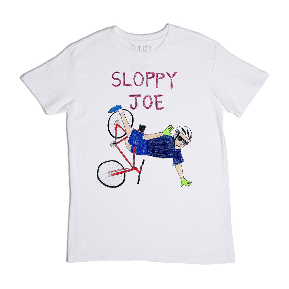A white t-shirt with a playful design featuring a cartoon man named "sloppy joe" in a blue outfit and helmet, clumsily riding a red unicycle, displayed against a plain background.