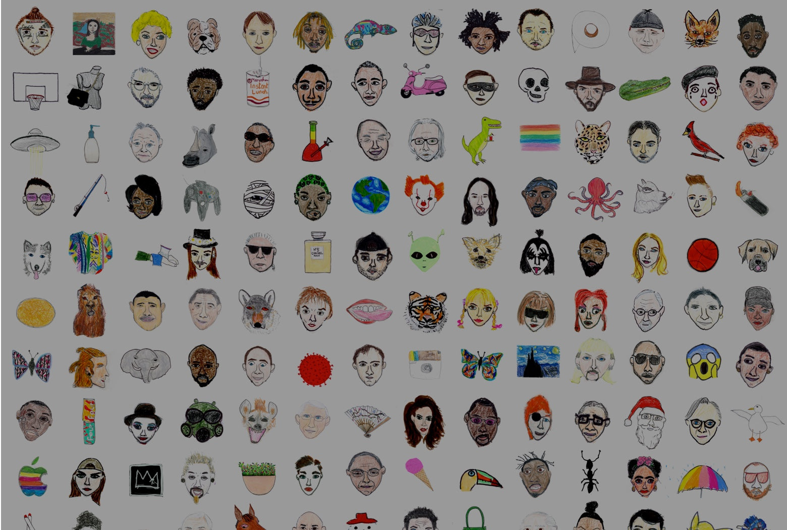 Collage of different hand-drawn faces of all different styles and objects including aliens, soap pumps, birds, lighters.