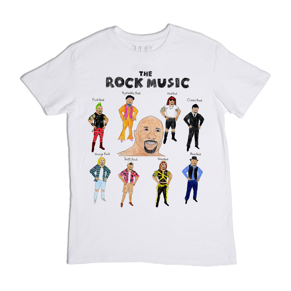 White t-shirt with illustrated faces of dwayne "the rock" johnson stylized as various rock music icons, labeled with names like folk rock, psychedelic rock, and eight others.