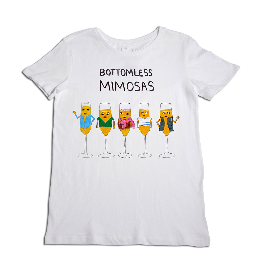 A white t-shirt featuring a graphic of five animated champagne flutes filled with mimosas, each topped with a different breakfast item as the head, and the phrase "bottomless mimosas" above.