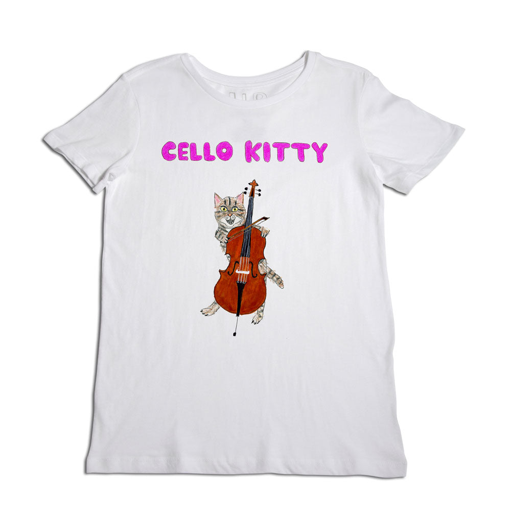 A white t-shirt with a graphic of a cat playing a cello, titled "cello kitty" in purple text above the image.