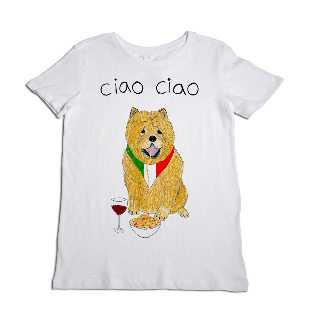 A white t-shirt featuring a graphic of a cheerful dog wrapped in an italian flag scarf, holding a fork with spaghetti and a glass of red wine, with "ciao ciao" written above.