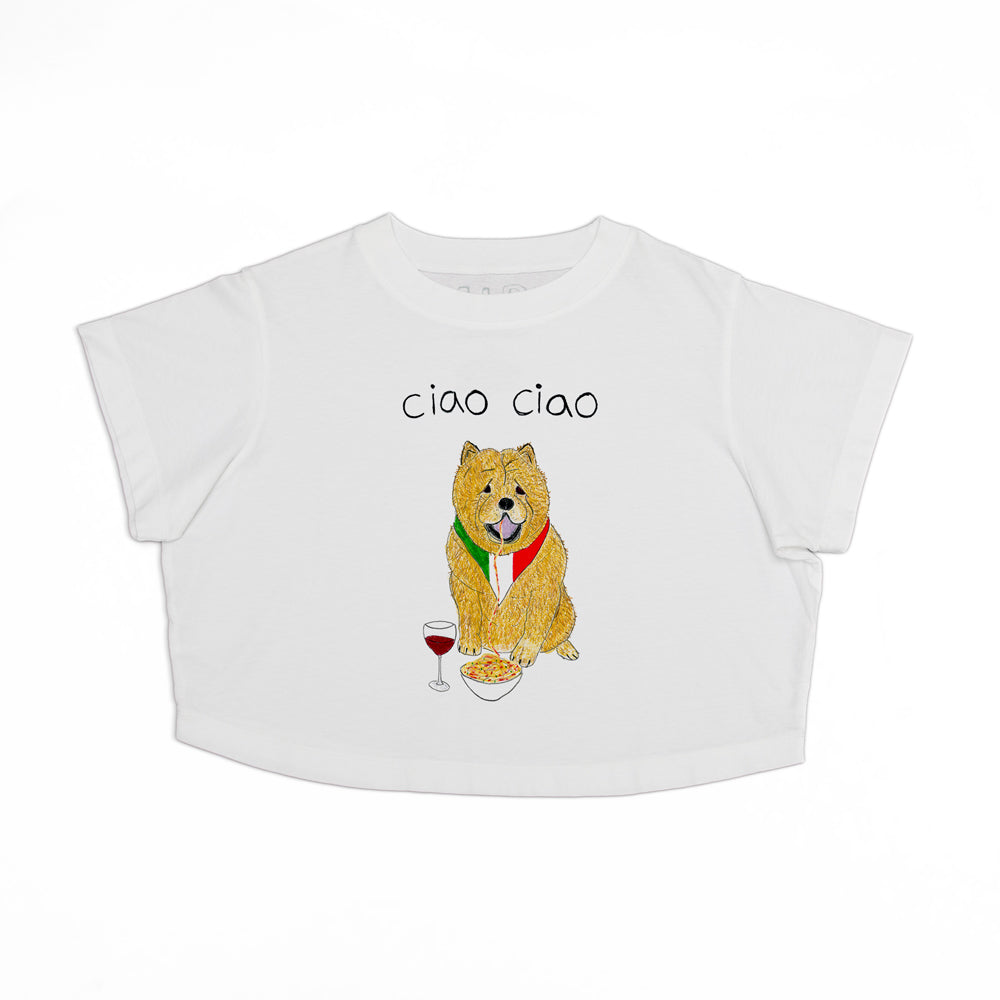 White cropped t-shirt featuring a graphic of a lion wearing a scarf with the italian flag colors, holding a glass of wine and a bowl of pasta, with the words "ciao ciao" above.