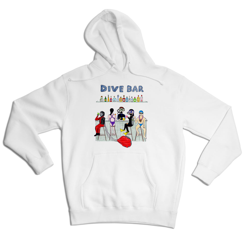 White hoodie with a graphic of five anthropomorphic dogs sitting at a bar counter, titled "Dive Bar." The dogs are dressed in various outfits, and bottles are visible on the shelf behind them.