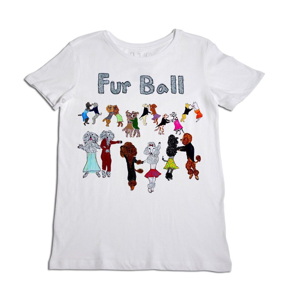 A white t-shirt with assorted cartoony dog figures in various outfits and poses arranged to form the words "fur ball" at the top. each dog showcases different colors and fashion styles.