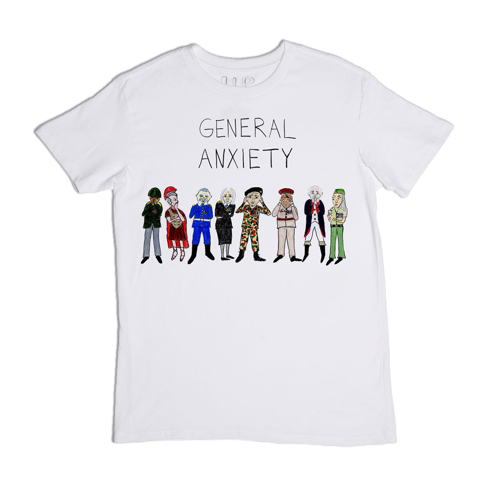 White t-shirt with the phrase "general anxiety" printed above a lineup of eight diverse, stylized cartoon characters dressed in various outfits.