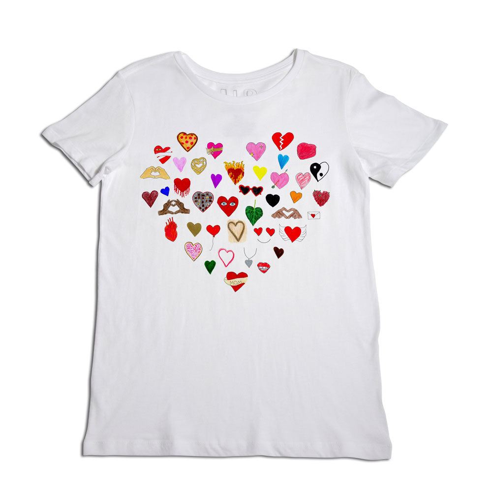 White t-shirt with a heart-shaped design consisting of various colorful and patterned hearts printed on the front.