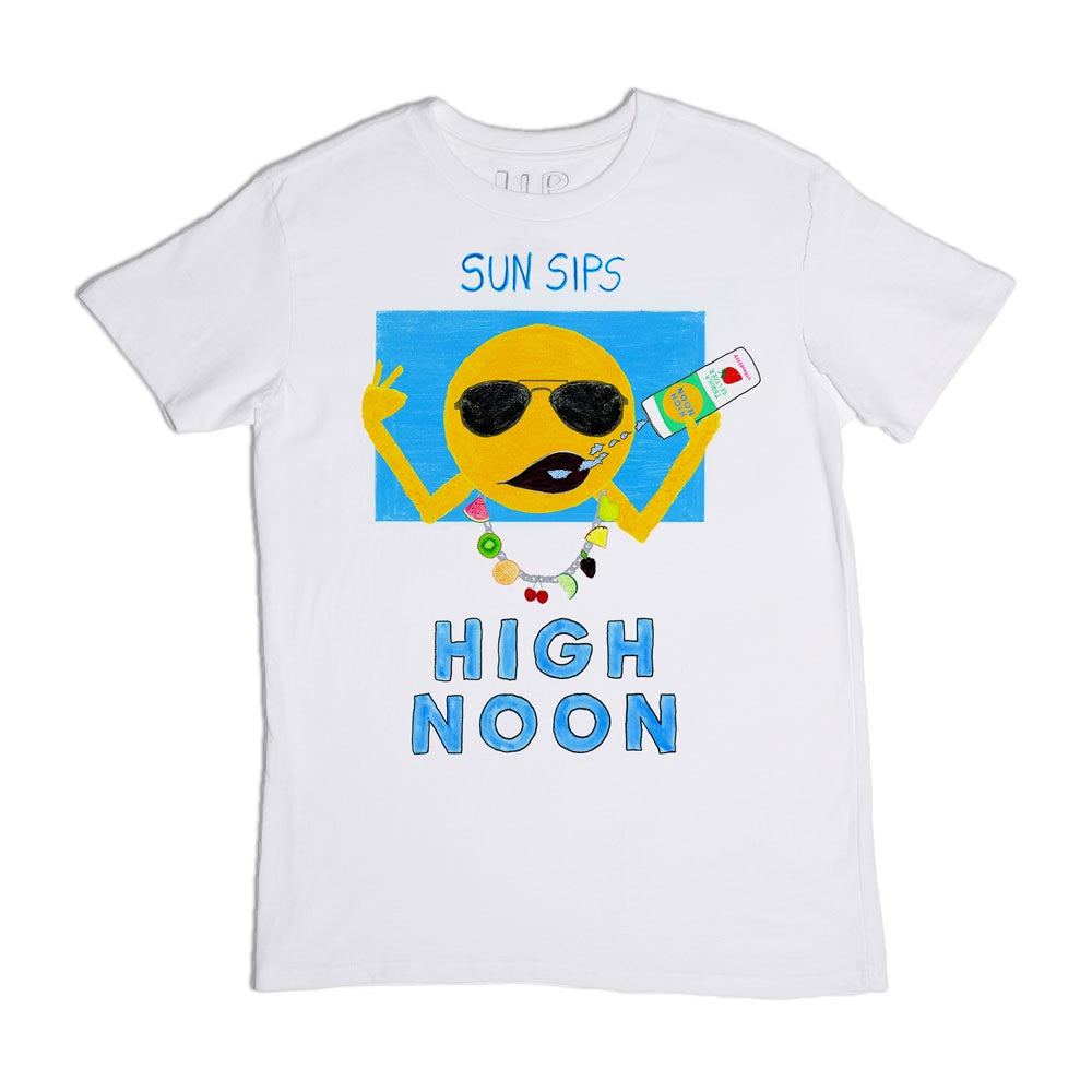 A white t-shirt with a graphic design featuring a cartoon sun wearing sunglasses, holding a drink, with the words "sun sips high noon" printed below.