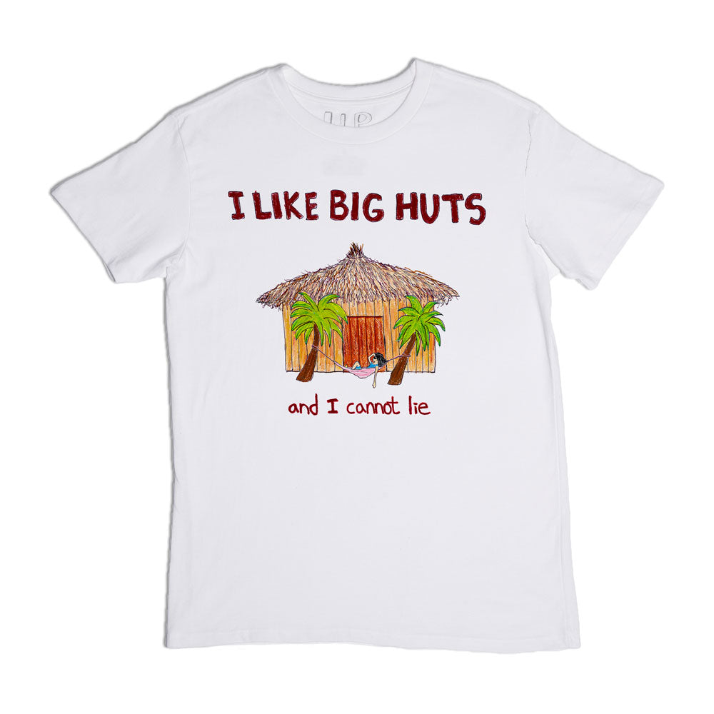 A white t-shirt with a graphic showing a tropical hut and a palm tree. above the image, text reads "i like big huts" and below the image, "and i cannot lie" in black letters.