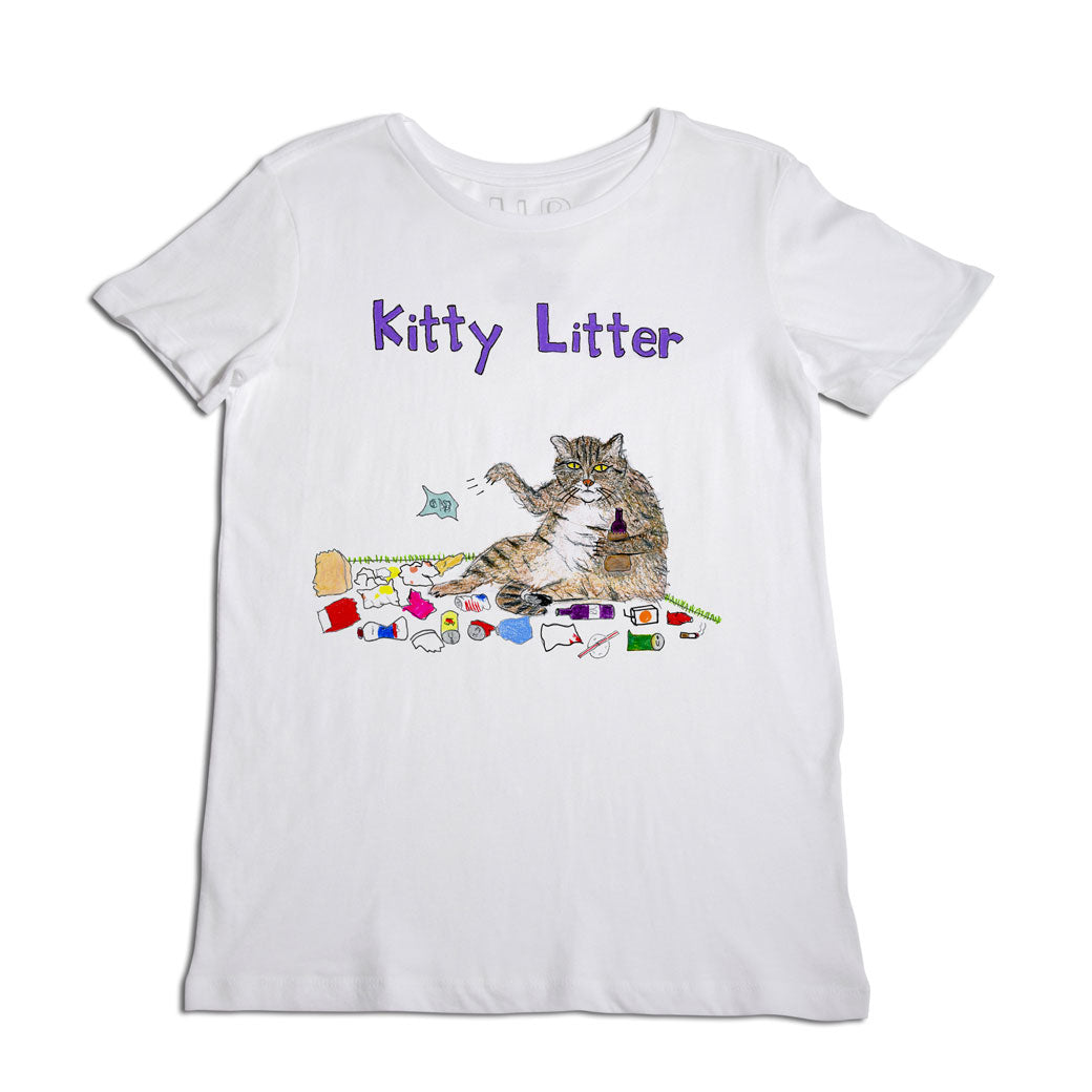 White t-shirt with a colorful design featuring a cat playing in litter surrounded by various colorful items like toys and food containers. the words "kitty litter" are printed above in purple.
