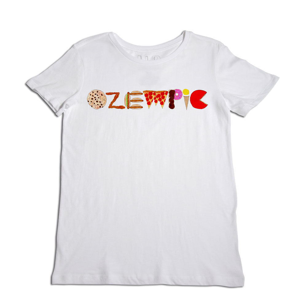 A plain white t-shirt with the word "ozlemic" written across the chest in colorful, mixed font styles incorporating various textures and patterns.