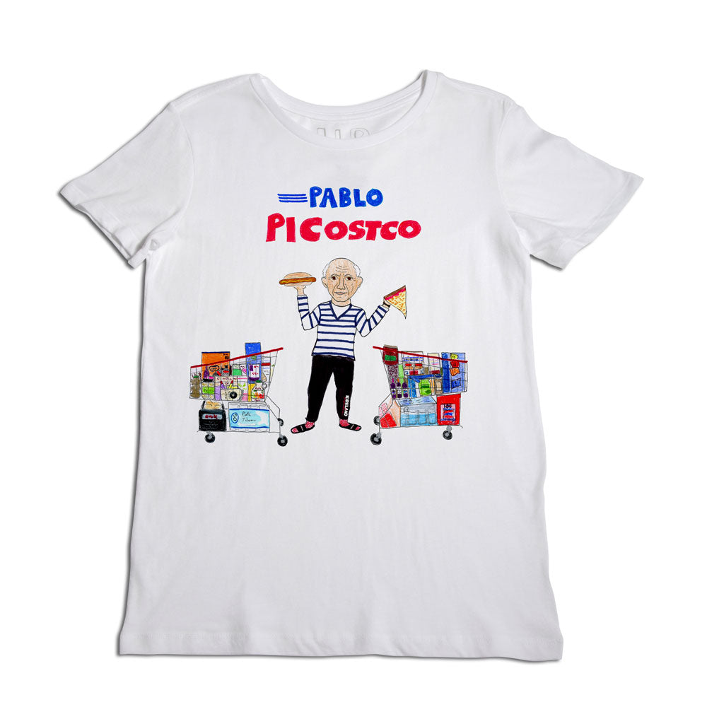 White t-shirt featuring a cartoon of an elderly man with a beret, pushing two shopping carts filled with groceries, with the text "pablo picostco" above him in blue and red letters.