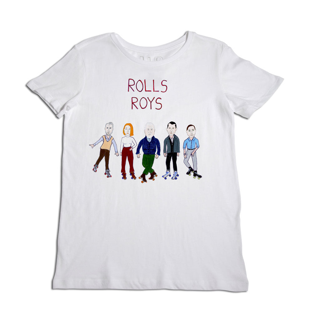 White t-shirt with a graphic of five cartoon-style men with different hairstyles and clothing, labeled "rolls roys" above them in red text.
.