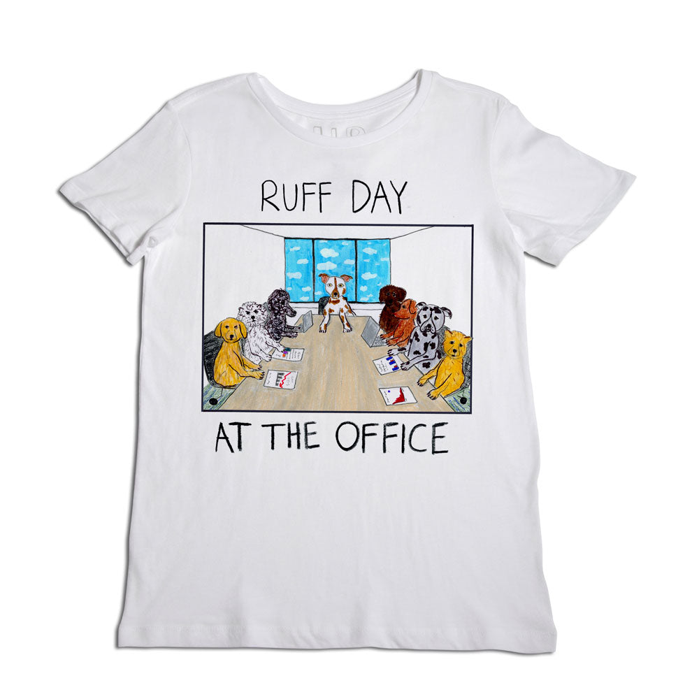 White t-shirt with a cartoon of various dogs dressed in office attire, playing poker at a table, under the text "ruff day at the office.