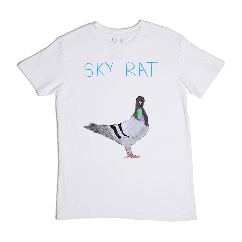 A white t-shirt with a realistic illustration of a pigeon in the center, and the words "sky rat" printed in blue above the pigeon.