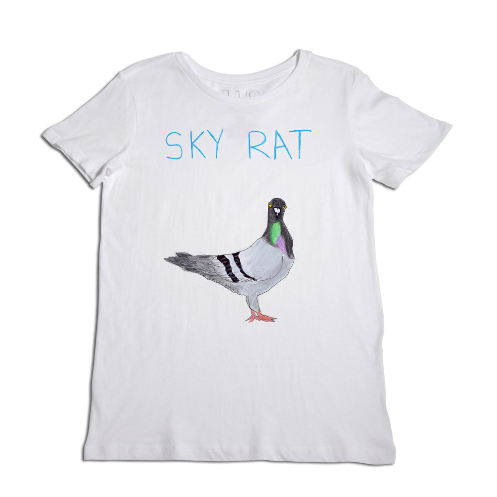 A white t-shirt with a realistic illustration of a pigeon centered on the front, below the words "sky rat" printed in light blue. the t-shirt is laid flat and displayed on a white background.
