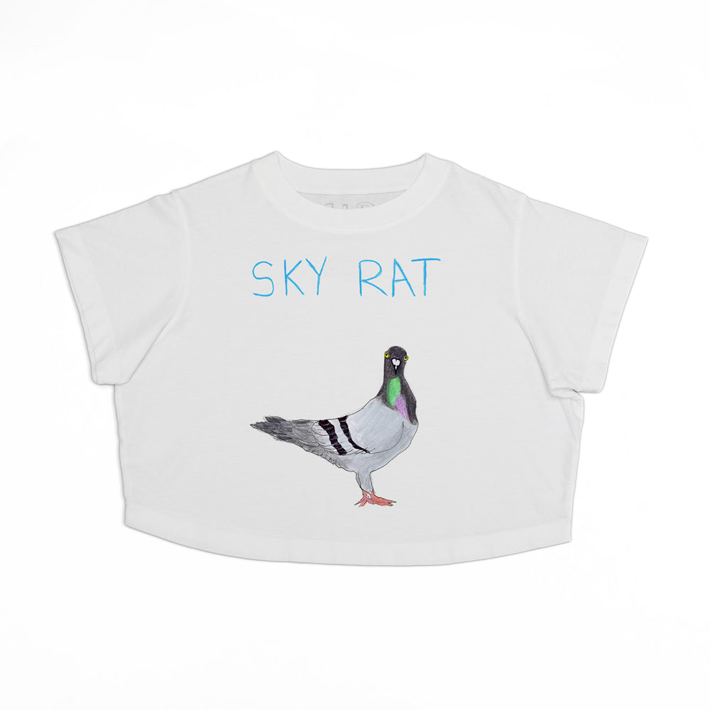 White t-shirt with a print of a pigeon and the phrase "sky rat" in blue letters above the bird. the shirt features short sleeves and a casual design.
