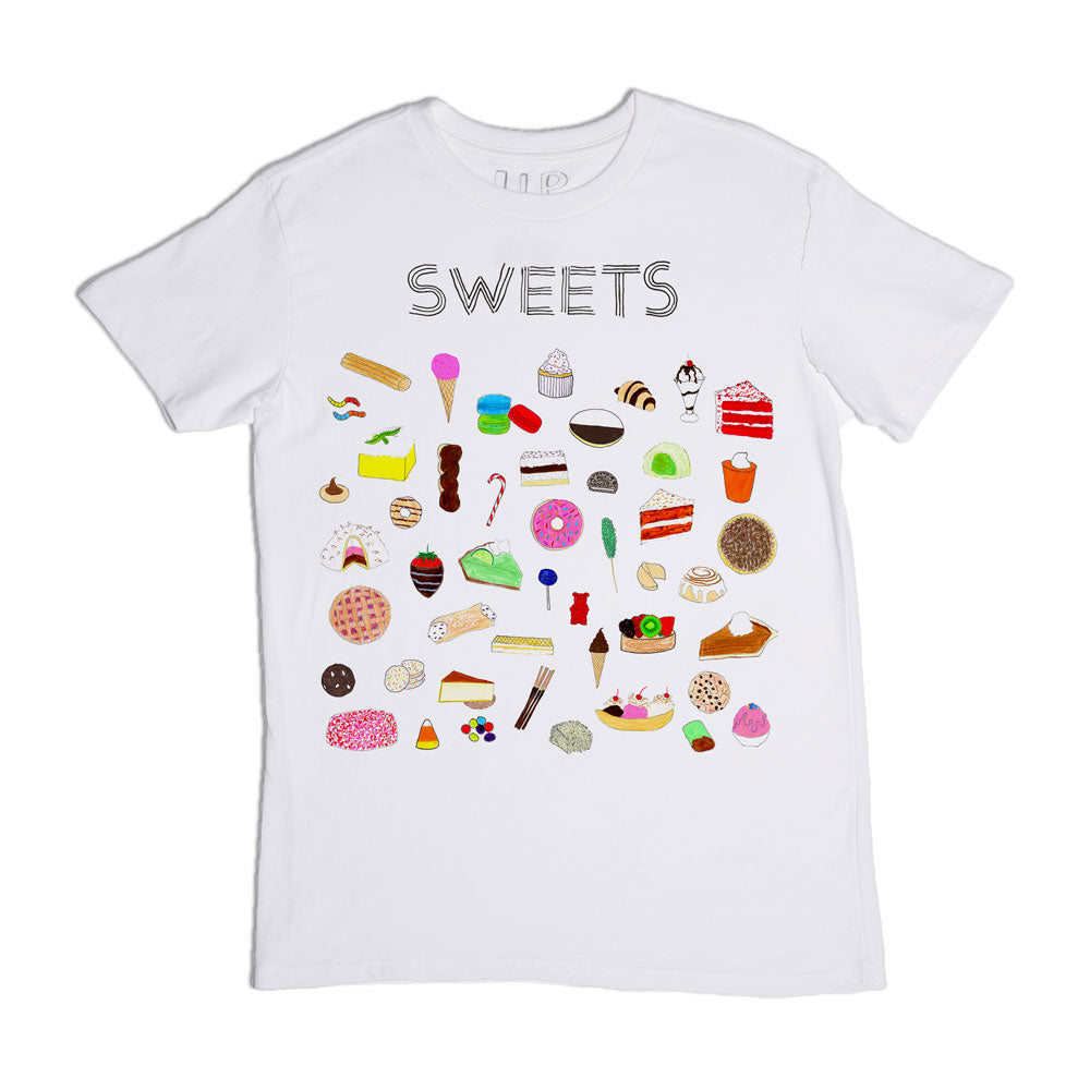 White t-shirt with a colorful assortment of illustrated sweets, including cakes, ice creams, and candies, arranged in a circle with the word "sweets" at the top.