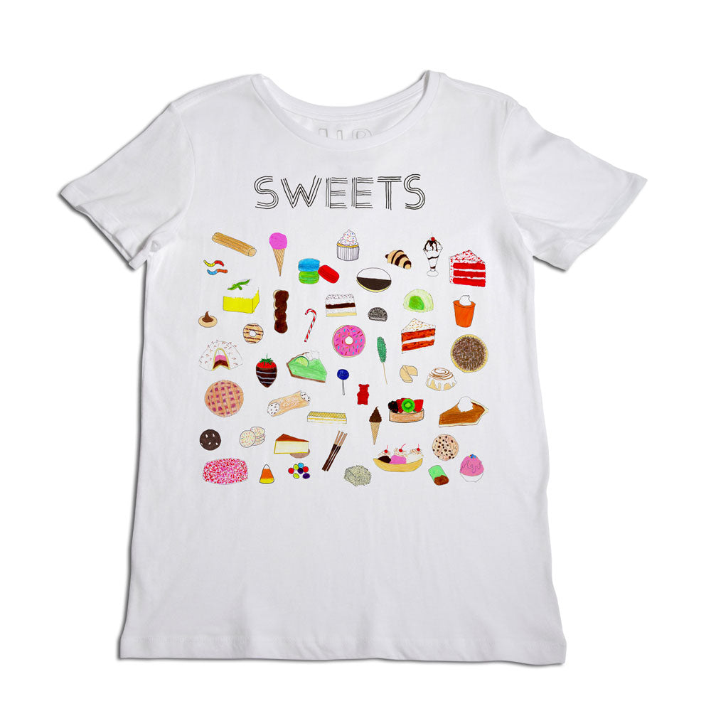 White t-shirt with a colorful array of various sweets and desserts graphics arranged in a circle around the word "sweets" printed at the top center.