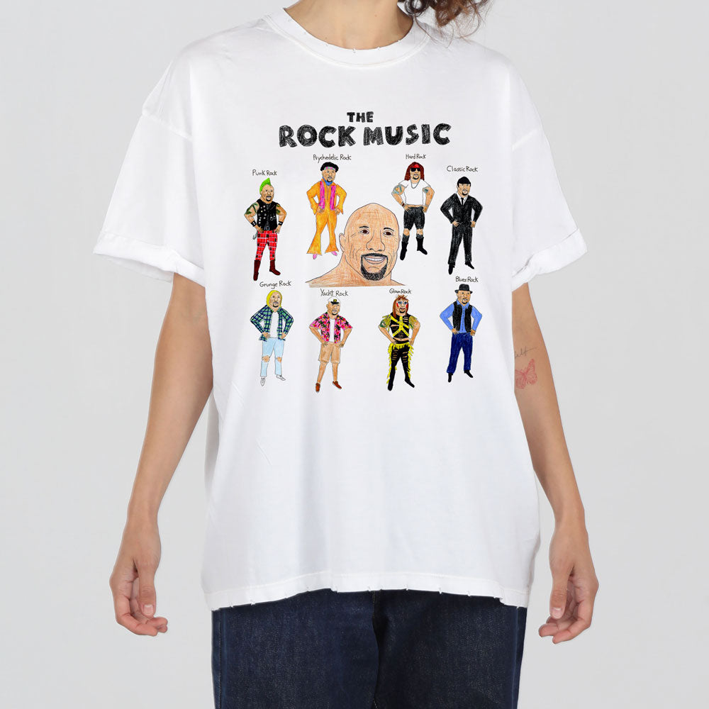 A person wearing a white t-shirt with colorful illustrations of various rock music icons and the text "the rock music" displayed across the top.