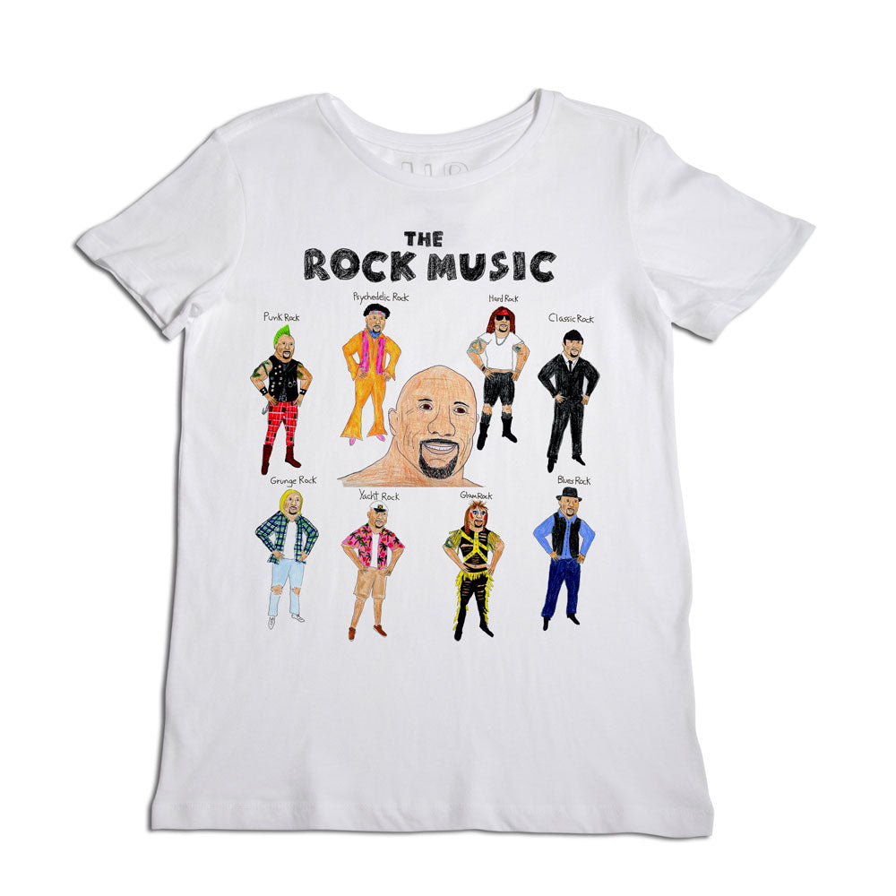 White t-shirt with various cartoonish figures representing different styles of rock music, labeled with genres like "folk rock," "psychedelic rock," and "glam rock.