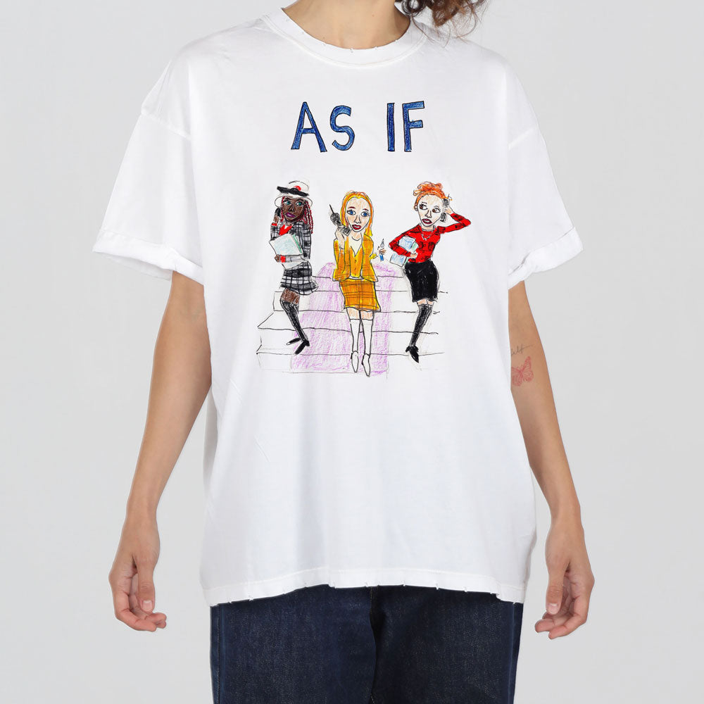 A person wearing a white t-shirt featuring a colorful illustration of three stylized female figures with the text "as if" printed above them in blue letters.