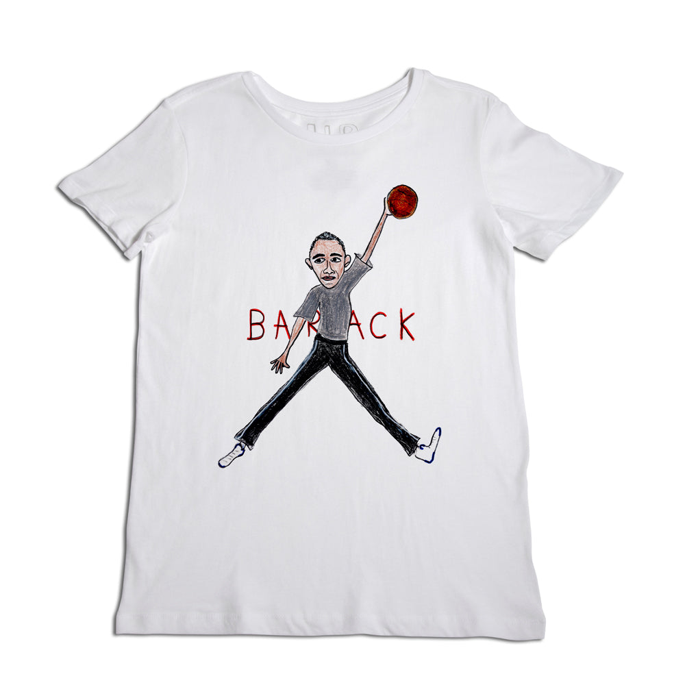White t-shirt featuring a caricature of a man with a lollipop, stylized in mid-stride, with the name "barack" printed in red below the illustration.