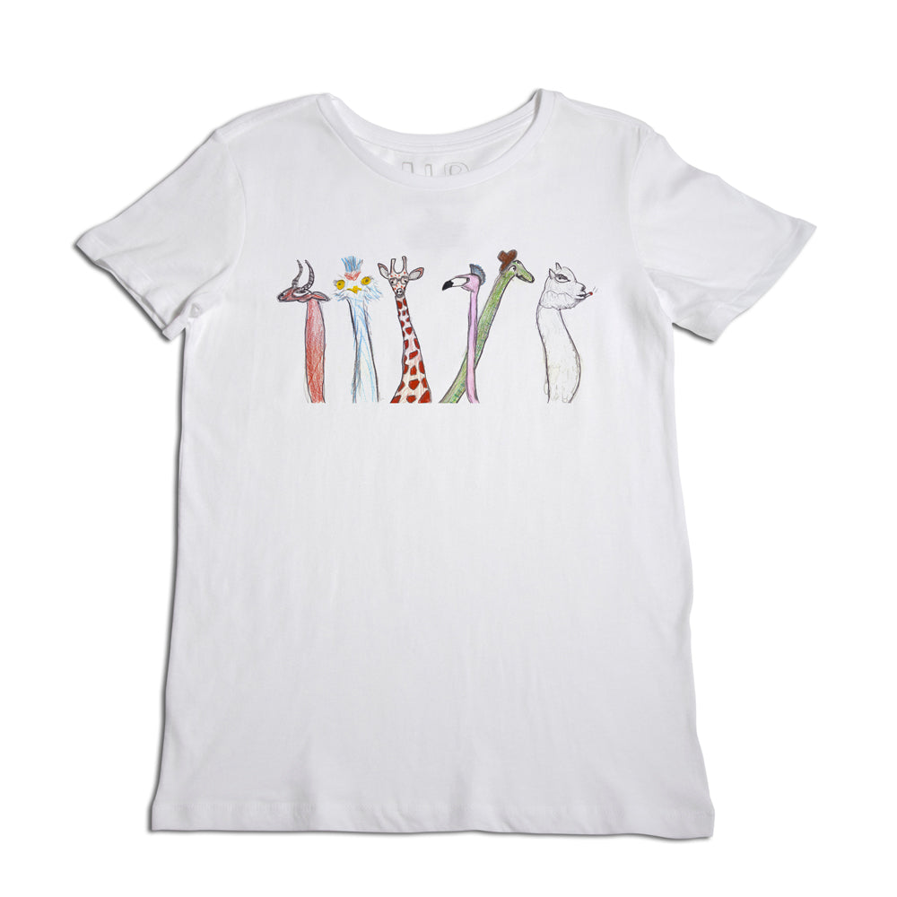 White t-shirt with a colorful print of four cartoon animals standing upright—a deer, giraffe, bird, and polar bear—each holding a flower.