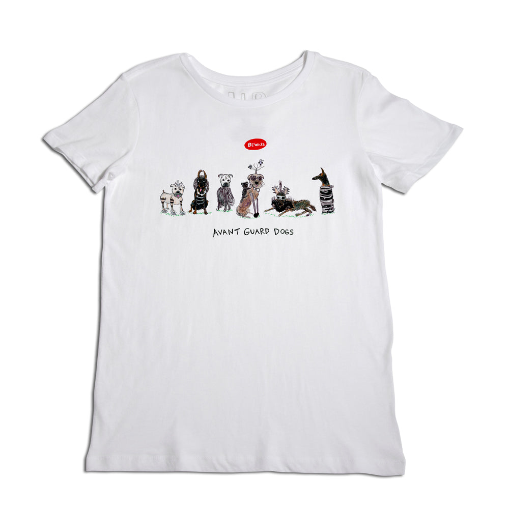 A white t-shirt with a design featuring a row of seven dogs, each dressed in different avant-garde outfits, and the phrase "avant guard dogs" printed above them.