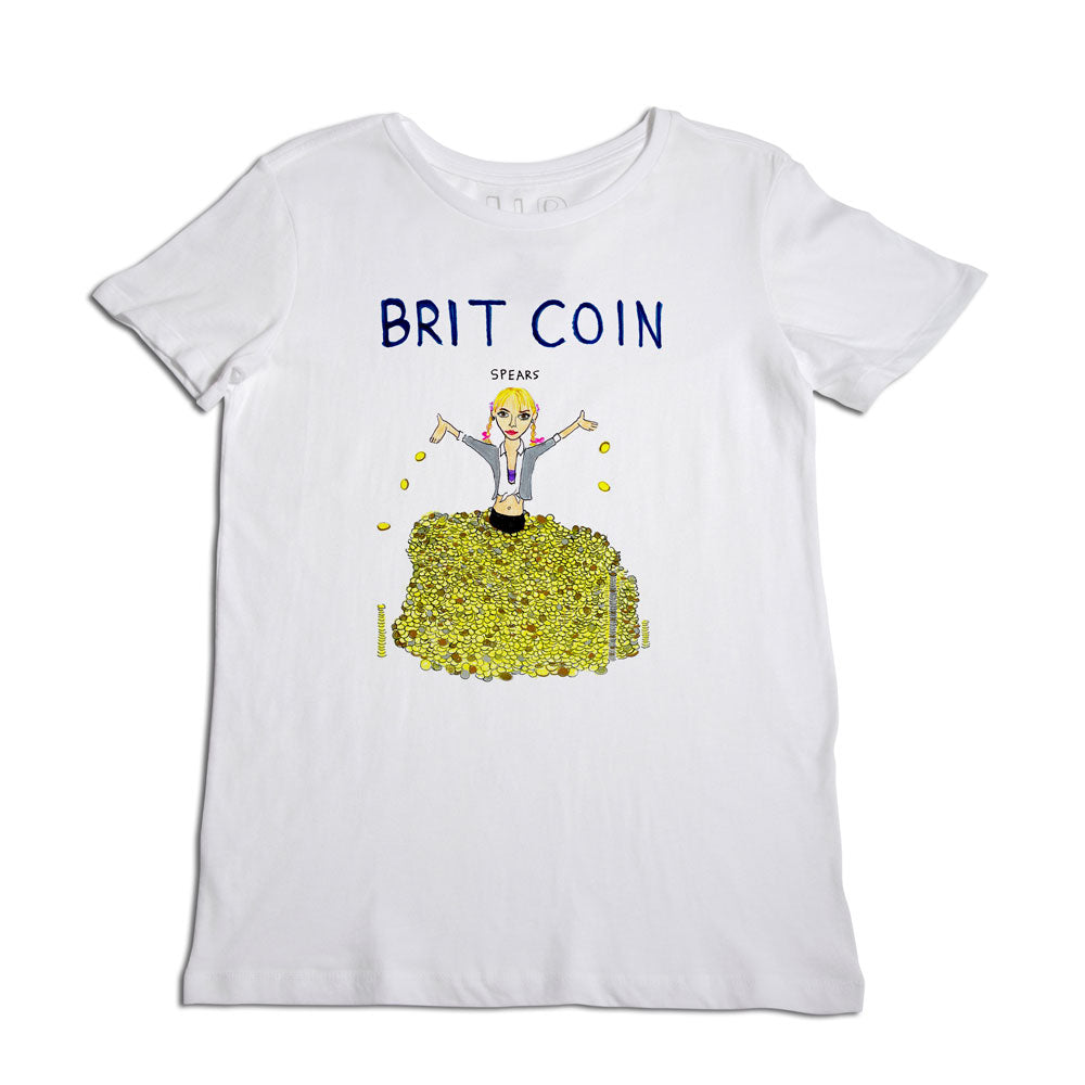 A white t-shirt with a graphic of a blonde woman in a black outfit, sitting atop a pile of golden coins. above her head in blue text is "brit coin spears.