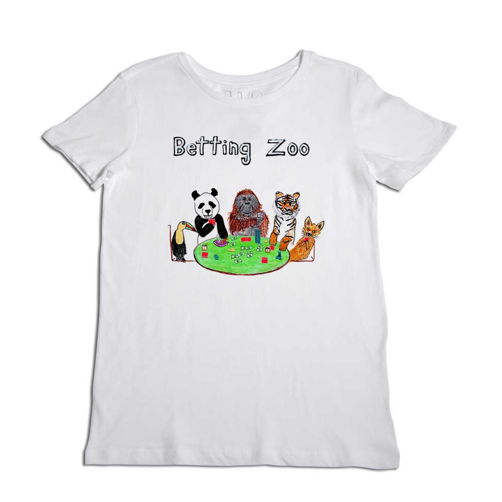 White t-shirt with a cartoon design featuring a panda, sloth, and fox sitting around a round green table playing poker, labeled "betting zoo.