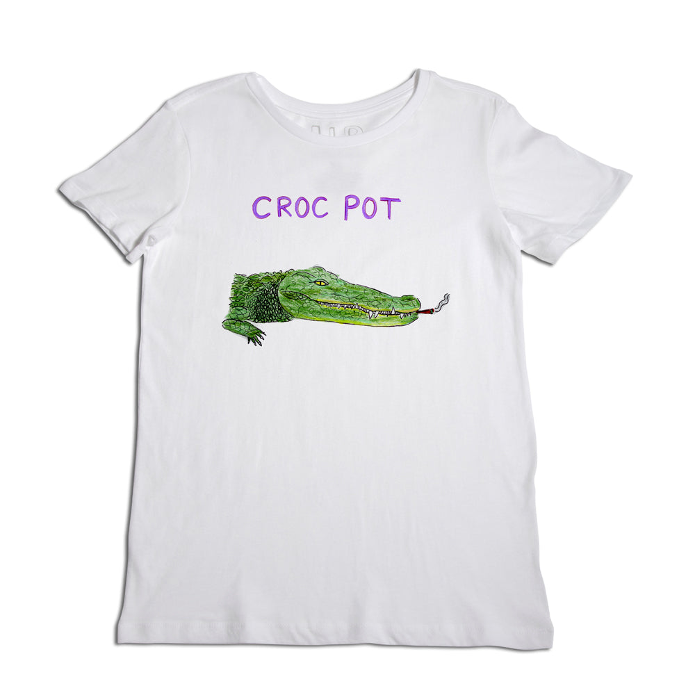 A white t-shirt featuring a graphic of a green crocodile below the purple text "croc pot" printed on the front.
