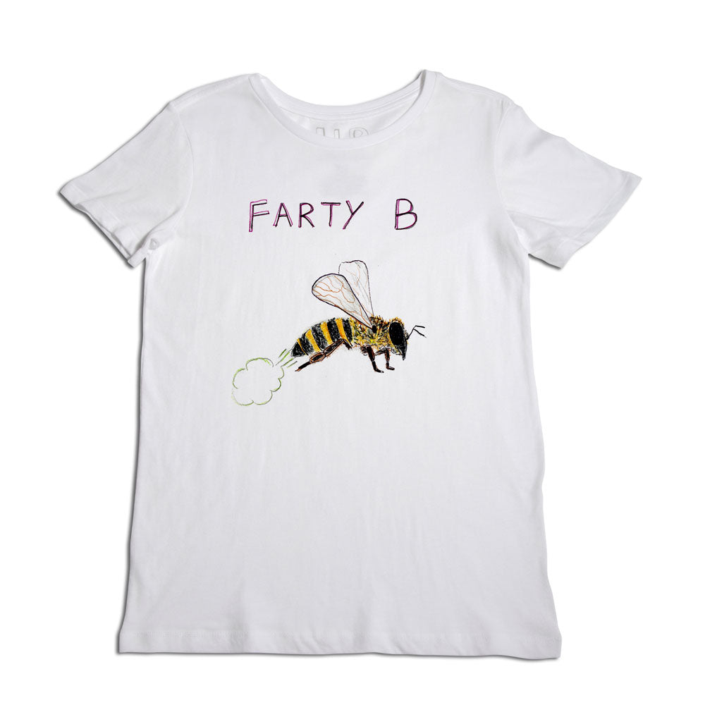 White t-shirt with a humorous graphic design featuring a cartoon bee expelling gas with the words "farty b" written above in playful, purple text.