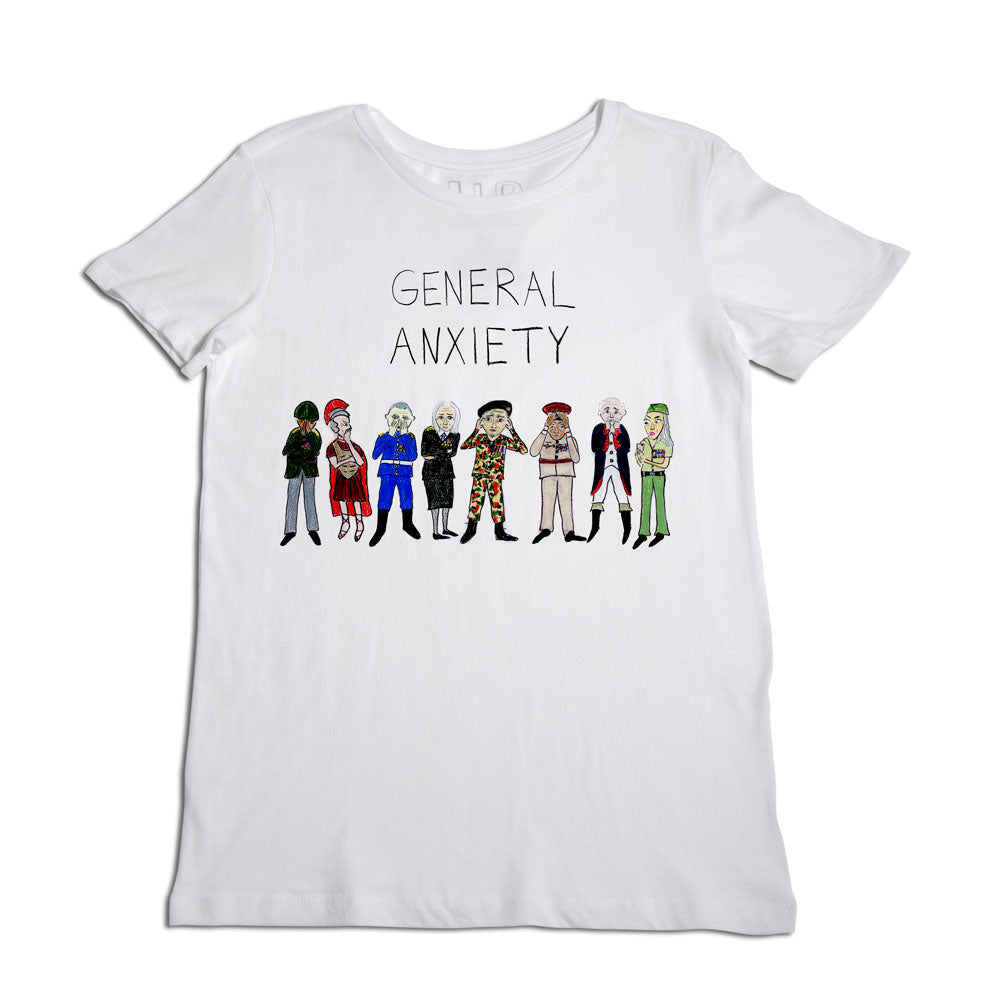 White t-shirt with a colorful illustrated print featuring eight diverse cartoon characters lined up and the words "general anxiety" printed above them.