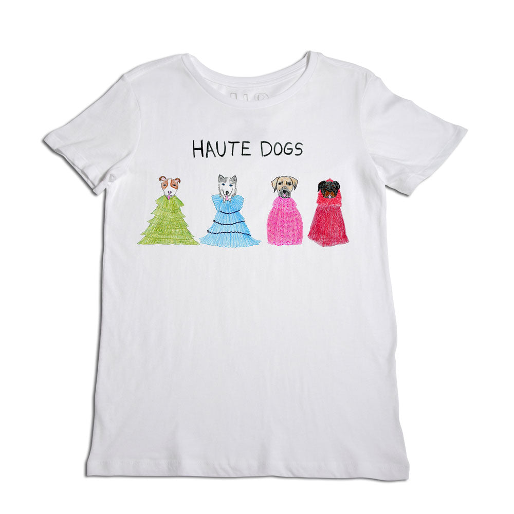 White t-shirt with a graphic of four dogs dressed in colorful haute couture dresses, topped by the pun "haute dogs" in black text.
