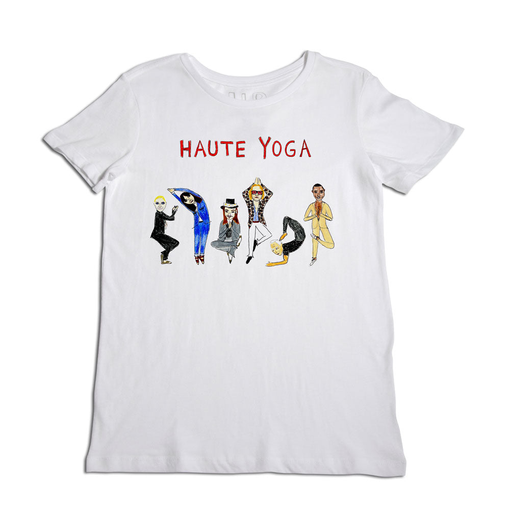 White t-shirt with the phrase "haute yoga" printed in red at the top and featuring illustrations of six diverse people in various yoga poses below the text.