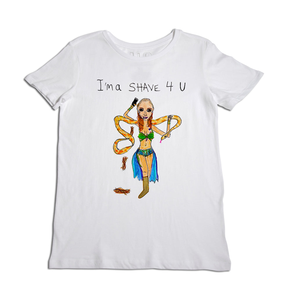 White t-shirt with a colorful illustration of a woman holding a snake, accompanied by the text "ima shave 4 u" at the top.