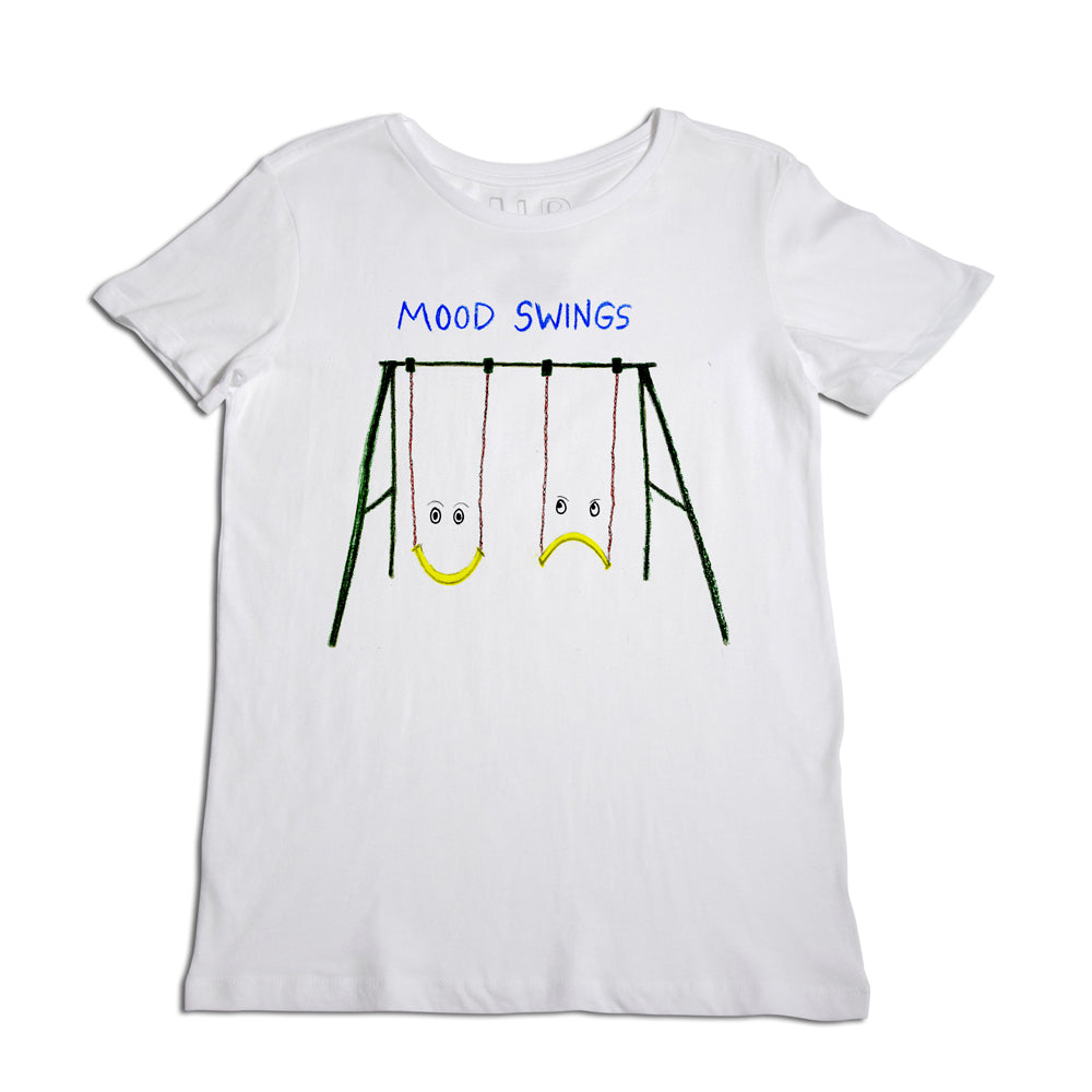 White t-shirt with a design of two swings, one with a happy face and the other with a sad face, labeled "mood swings" above in blue text.