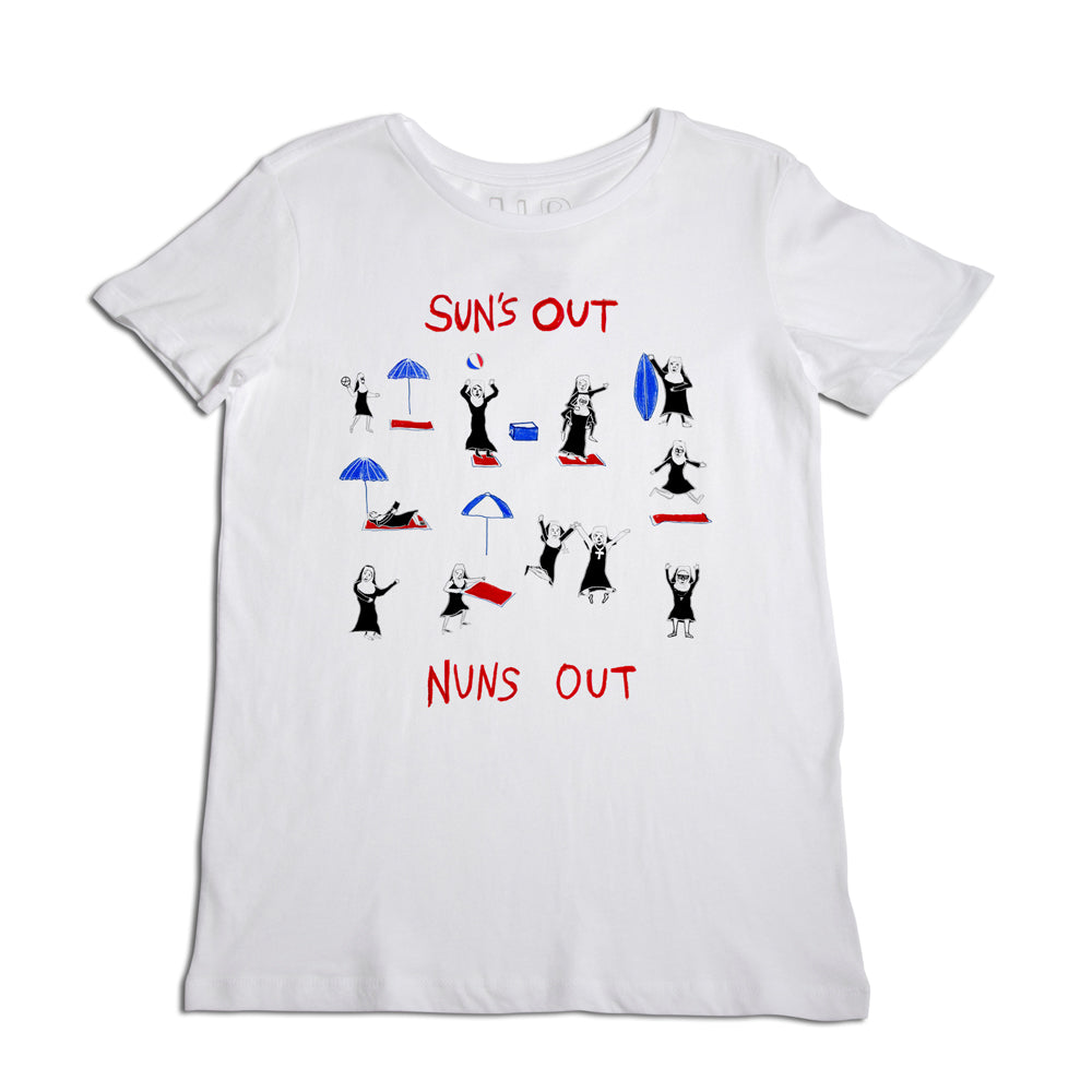 White t-shirt with a playful graphic design featuring small nuns in blue and black habits, some with red accessories, under the phrase "sun's out, nuns out.