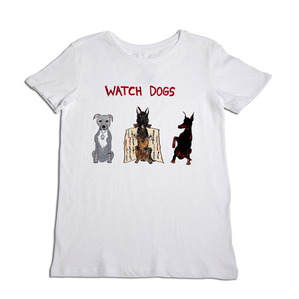 A white t-shirt featuring the text "watch dogs" in red at the top, with illustrations of three different dogs below the text. each dog is distinct in appearance, displaying unique fur patterns and poses.